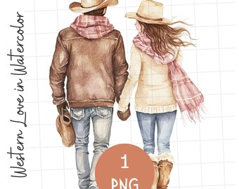 Western Love in Watercolor Clipart, Western PNG, Romantic Clip Art, Digital Download for Invitations, Wedding, Couple, Love, Cowboy, Cowgirl