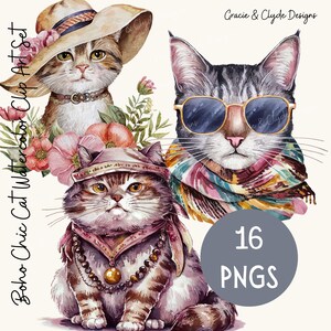 Stylish Cat Designs | Boho Chic Cat Portraits | Watercolor Cat Clipart | PNG | Digital Cat Art Set | Boho-Themed Sublimation Graphics