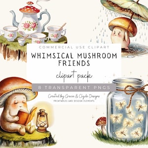 Clipart lunatique d'amis de champignon, ensemble de PNG Cottagecore, personnages mignons de champignon vénéneux, art de fée de forêt, sublimation de Boho