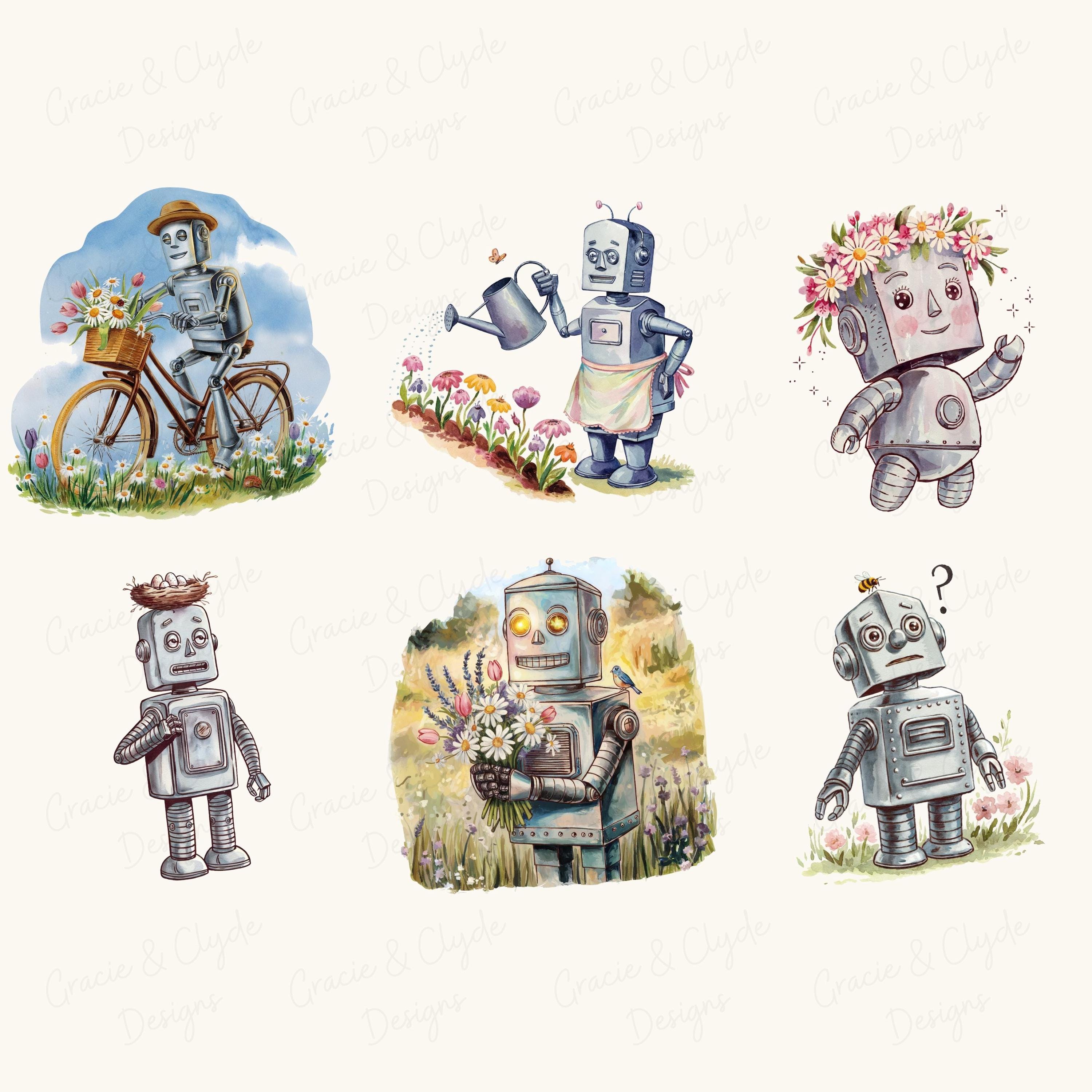 Whimsical Robot Clipart Set, Retro Vintage Robot Pngs, Floral AI Robot ...