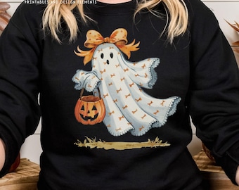 Vintage Halloween Ghost Clipart: Watercolor Coquette Pumpkin Ghost PNG (Digital Download