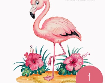 Tropical Flamingo Clipart | Cute Pink Flamingo PNG | Summer Beach Illustration | Hibiscus Floral Clip Art | Watercolor Sublimation Design