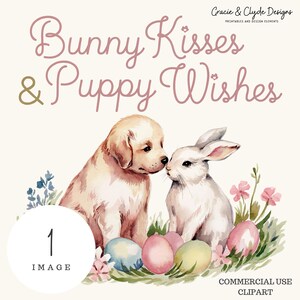 Hasenküsse und Welpen Wünsche - Golden Retriever und Häschen Ostern Clipart, Frühlings Dekor, Hunde Clipart, Welpen Liebe, süßes Häschen