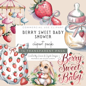 Ensemble de cliparts doux Berry Baby Shower, fraise PNG, Clipart bébé mignon Berry, décoration de shower de bébé Cottagecore, citations de baby shower, faire-part