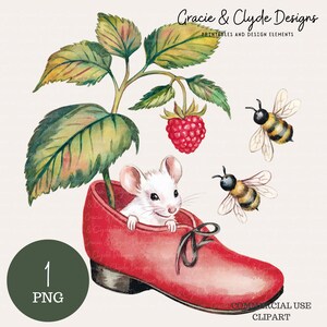 Mouse in Red Shoe PNG, Vintage Garden Mouse Clipart, Raspberry Plant and Bees Illustration, Storybook Animal Graphic Download