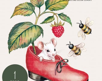 Mouse in Red Shoe PNG, Vintage Garden Mouse Clipart, Raspberry Plant and Bees Illustration, Storybook Animal Graphic Download