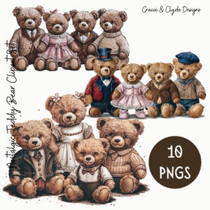 Pode incluir: Um conjunto de 10 ilustrações digitais de ursos de peluche vintage em várias poses e trajes. Os ursos usam roupas como vestidos, ternos e suéteres. As ilustrações são de estilo nostálgico e são perfeitas para scrapbooking, criação de cartões e outros projetos de artesanato.