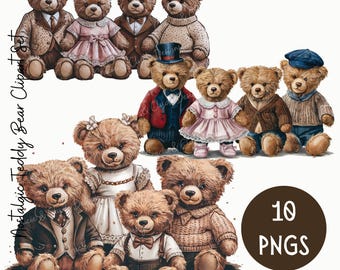 Urocze stroje Teddy Bear Art | Nostalgiczny Teddy Clipart | Vintage Bear Family PNG | Styl bajkowy | Cyfrowy wystrój pokoju dziecięcego | Do druku