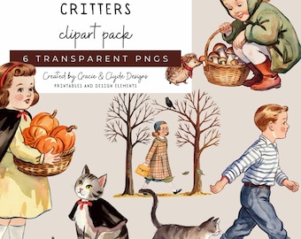 Op de afbeelding: Een digitaal clipartpakket met vintage illustraties van kinderen en dieren met een herfstthema. Bevat een meisje met pompoenen, een jongen die loopt, een kat, een egel en een meisje met een mand met paddenstoelen. De tekst luidt "Autumn Kids & Critters" en "6 Transparent PNGs."