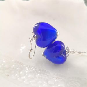 Cobalt Blue Heart Earrings In Murano Glass