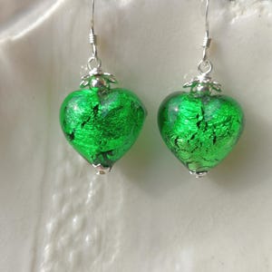 Emerald Green Murano Glass Heart Earrings