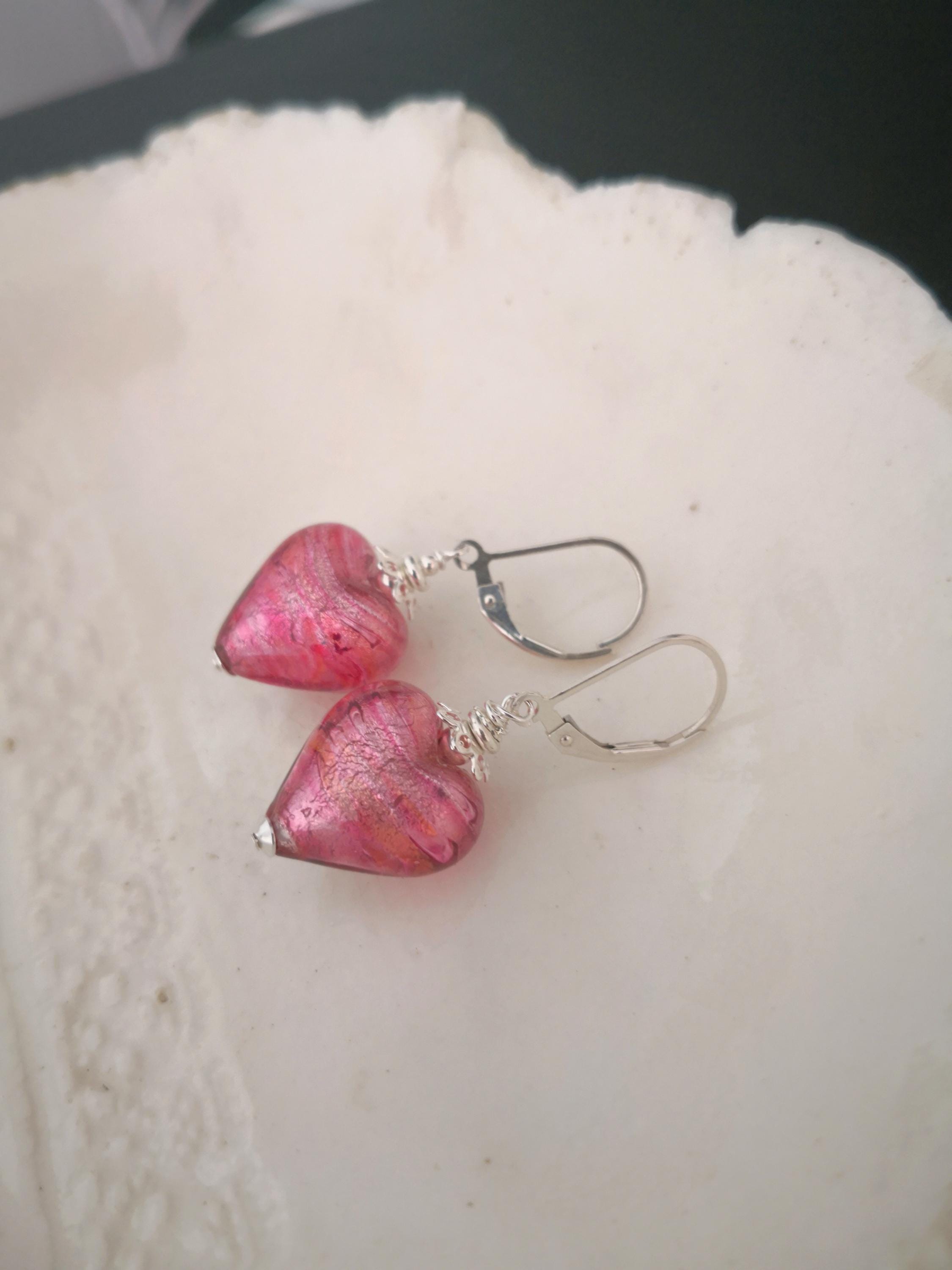 Boucles D'oreilles Cœur En Verre De Murano Rose - Plaqué Or, Dormeuses, Neuf Sans Emballage