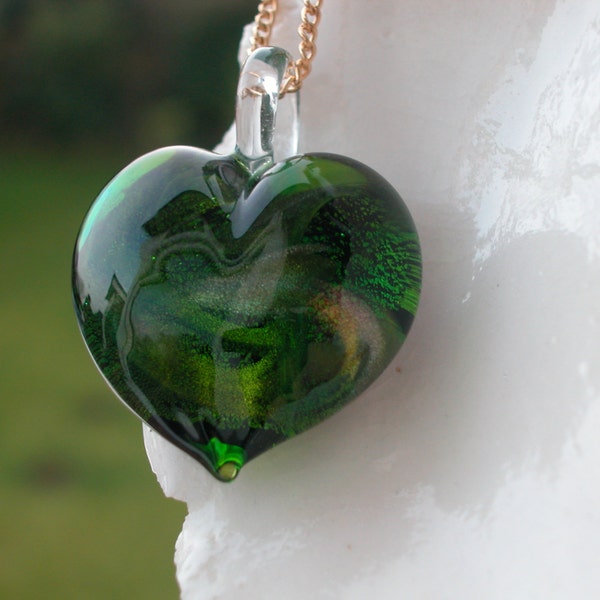 Venetian Murano Glass Dichroic Green Heart Necklace