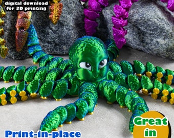 Flexi Octopus small STL, 3mf, print in place, no support, PLA, 3D Joy Store