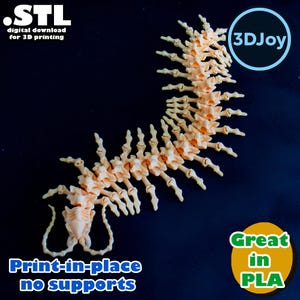 May include: A light peach-colored, articulated spine model, likely 3D-printed, against a dark blue background. The model is labeled with "Print-in-place no supports" and "Great in PLA". The image also includes the text ".STL digital download for 3D printing" and the logo "3DJoy".