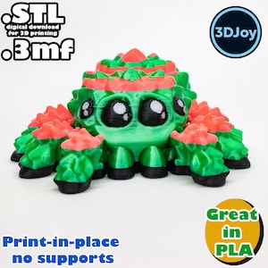 Peut inclure: Une araign&eacute;e verte et rouge imprim&eacute;e en 3D avec de grands yeux. L'araign&eacute;e est imprim&eacute;e en place et ne n&eacute;cessite pas de supports. Le texte "STL digital download for 3D printing .3mf" et "3DJoy" sont visibles sur l'image. Le texte "Print-in-place no supports" et "Great in PLA" sont &eacute;galement visibles sur l'image.