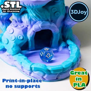 May include: A 3D-printed dice tower in shades of blue and purple, with a dice inside. The tower has an archway and a textured design. Text on the image includes "STL digital download for 3D printing", "Print-in-place no supports", and "Great in PLA".