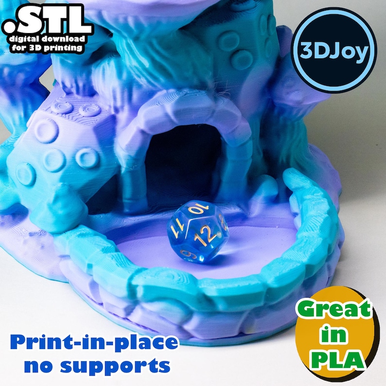 May include: A 3D-printed dice tower in shades of blue and purple, with a dice inside. The tower has an archway and a textured design. Text on the image includes "STL digital download for 3D printing", "Print-in-place no supports", and "Great in PLA".