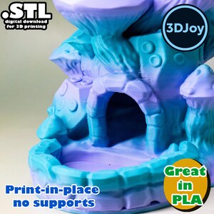 May include: A 3D-printed fantasy mushroom house in shades of blue and purple. The model features an arched doorway, a circular base, and mushroom-shaped structures. Text on the image reads "STL digital download for 3D printing", "Print-in-place no supports", and "Great in PLA".