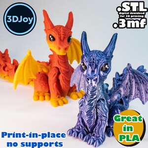 Flexi Dragon With Wings STL, 3mf, Print in Place, No Support, PLA, 3D ...