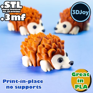 May include: Three 3D-printed hedgehog figurines with orange spikes, white bellies, and black eyes are displayed on a blue background. The text "Print-in-place no supports" and "Great in PLA" are also visible. The figurines are digital downloads for 3D printing.