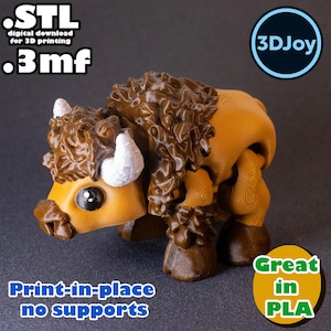 Flexi Buffalo STL, 3mf, print in place, no support, PLA, 3D Joy Store