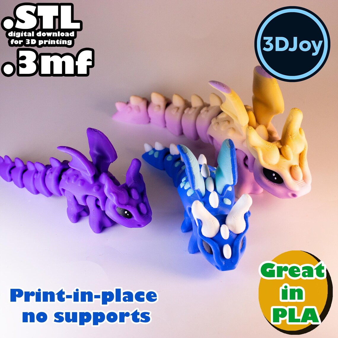Flexi Wind Dragon STL, 3mf, Print in Place, No Support, PLA, 3D Joy ...
