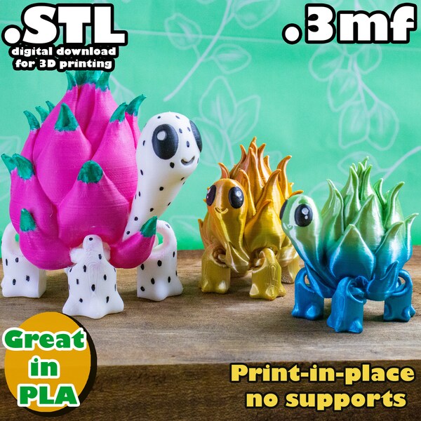 Flexi Turtle dragon fruit STL, 3mf, print in place, no support, PLA, 3D Joy Store