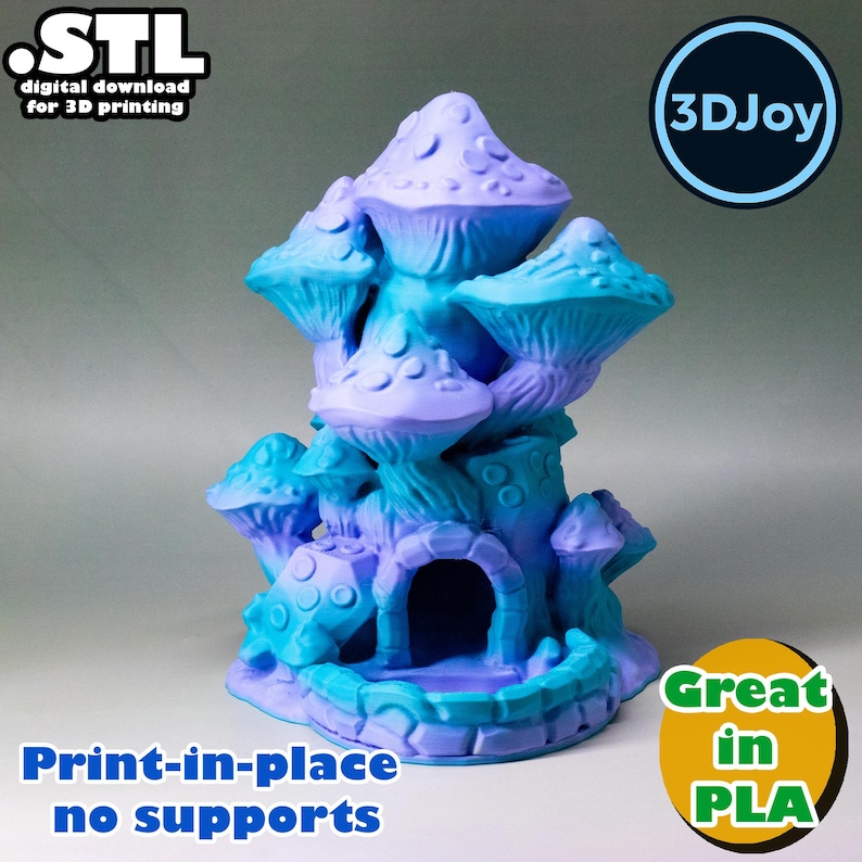 May include: A 3D-printed fantasy mushroom house in shades of blue and purple. The house features multiple mushroom-shaped roofs and a small arched doorway. Text on the image reads "Print-in-place no supports" and "Great in PLA".