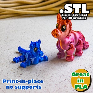 May include: Two 3D printed animal figurines, a pink horse and a blue dragon, are shown on a white surface. The text "STL digital download for 3D printing" is at the top of the image. The text "Print-in-place no supports" is at the bottom left of the image. The text "Great in PLA" is in a green circle at the bottom right of the image.