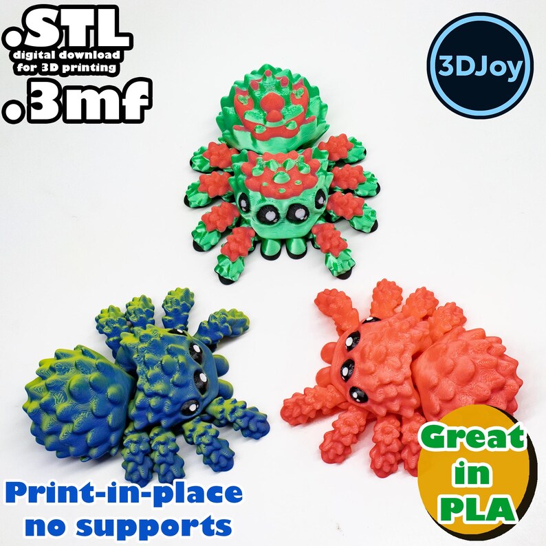 Peut inclure: Trois araign&eacute;es imprim&eacute;es en 3D dans diff&eacute;rentes couleurs&nbsp;: vert, rouge et bleu. Les araign&eacute;es sont con&ccedil;ues pour &ecirc;tre imprim&eacute;es en place, sans supports. Le texte &laquo;&nbsp;STL digital download for 3D printing .3mf&nbsp;&raquo; et &laquo;&nbsp;3DJoy&nbsp;&raquo; est visible sur l&rsquo;image. Le texte &laquo;&nbsp;Print-in-place no supports&nbsp;&raquo; et &laquo;&nbsp;Great in PLA&nbsp;&raquo; est &eacute;galement visible sur l&rsquo;image.