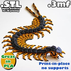 May include: A 3D printed model of a centipede, printed in black and yellow plastic. The model is designed to be printed in place, without the need for supports. The image includes the text "STL digital download for 3D printing" and ".3mf".