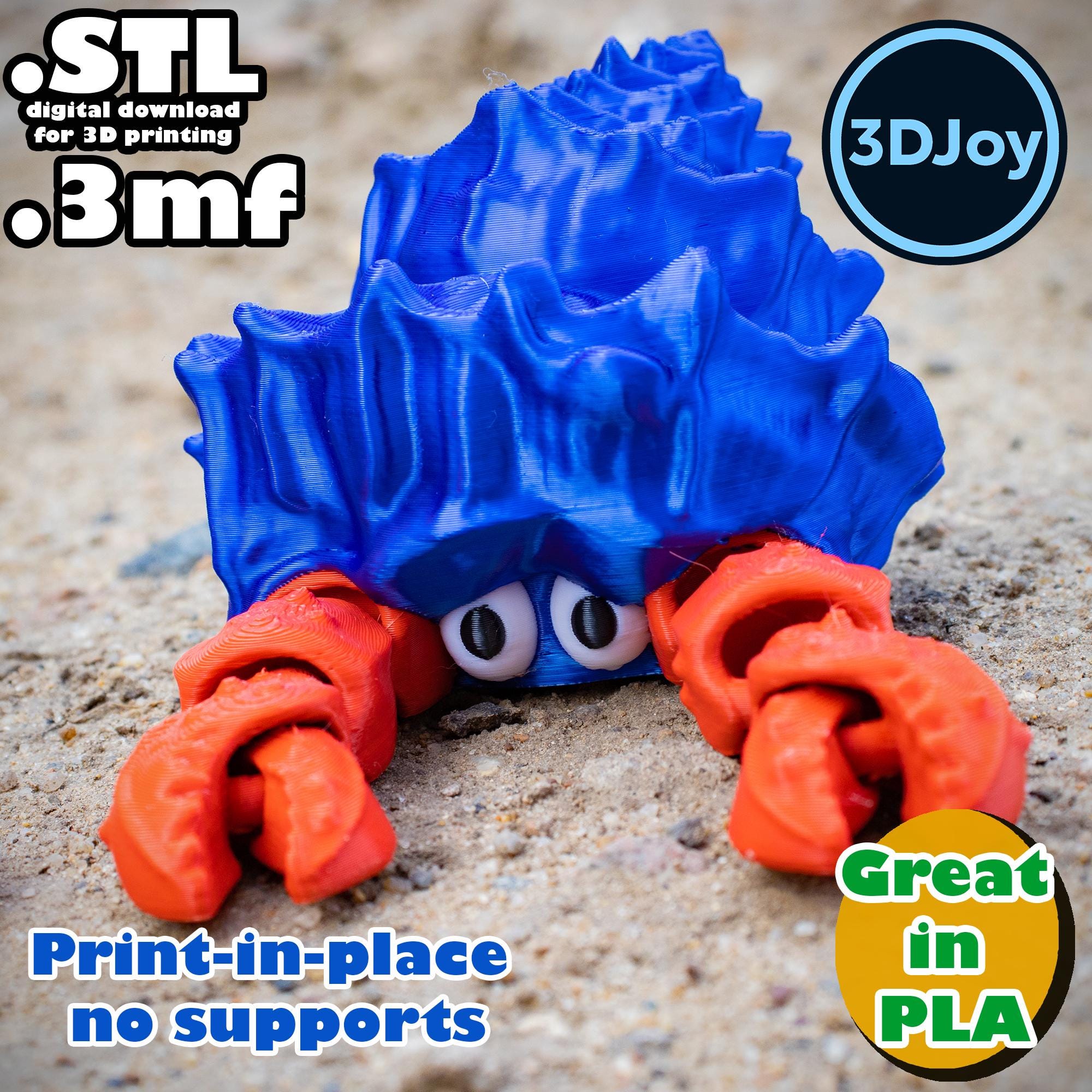 3D-PRIN太郎品 Flexi Hermit Crab STL, 3mf, Print in Place, No Support, PLA, 3D