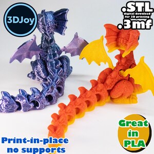 Flexi Dragon With Wings STL, 3mf, Print in Place, No Support, PLA, 3D ...