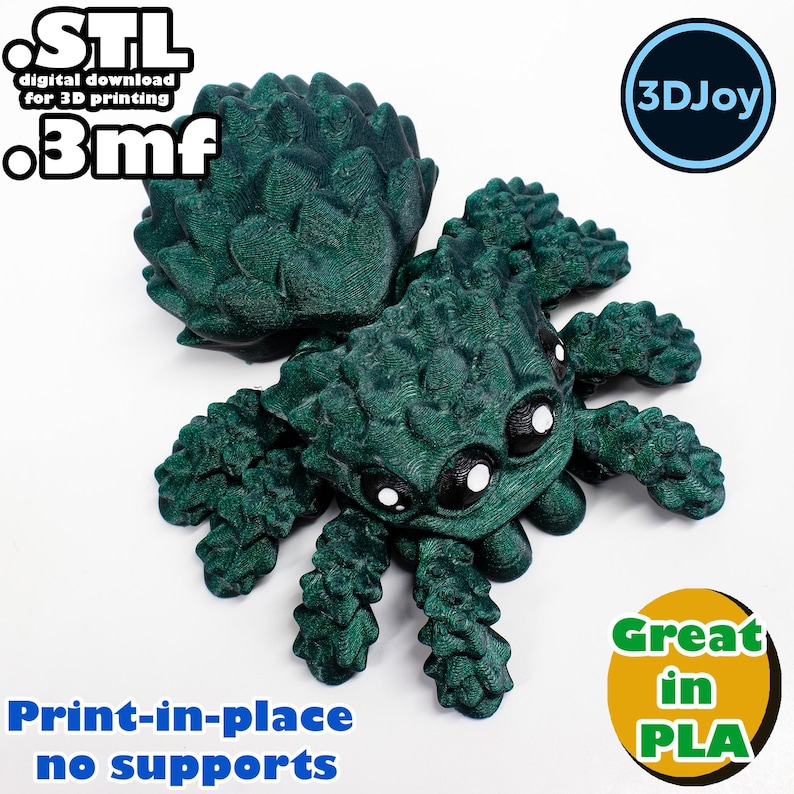 Peut inclure: Une cr&eacute;ature ressemblant &agrave; une araign&eacute;e, imprim&eacute;e en 3D, de couleur verte, avec de grands yeux. Le texte "Print-in-place no supports" et "Great in PLA" est visible sur l'image. Le texte "STL digital download for 3D printing .3mf" est &eacute;galement visible sur l'image.