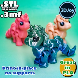 May include: Three 3D-printed toy unicorns in pink, teal, and tan. The teal unicorn is in focus, with a gradient tail. The image includes text that says "STL digital download for 3D printing .3mf", "Print-in-place no supports", and "Great in PLA".