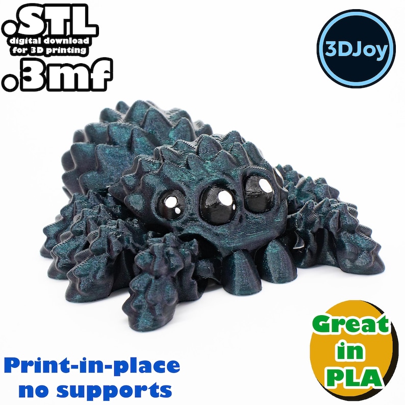 Peut inclure: Une araign&eacute;e imprim&eacute;e en 3D de couleur bleu-vert avec de grands yeux noirs. L'araign&eacute;e est imprim&eacute;e en place et ne n&eacute;cessite pas de supports. Le texte "STL digital download for 3D printing .3mf" est dans le coin sup&eacute;rieur gauche de l'image. Le texte "3DJoy" est dans un cercle bleu dans le coin sup&eacute;rieur droit de l'image. Le texte "Great in PLA" est dans un cercle jaune dans le coin inf&eacute;rieur droit de l'image.