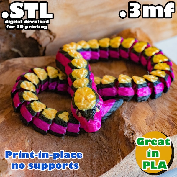 Cute Flexi Snake Toy STL 3mf, print-in-place, no support, PLA, 3D Joy Store