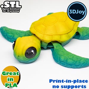 May include: A 3D printed sea turtle model with a yellow shell and green and blue body. The model is printed in place with no supports needed. The text "STL digital download for 3D printing" and "3DJoy" are visible in the image. The text "Great in PLA" is also visible in the image.