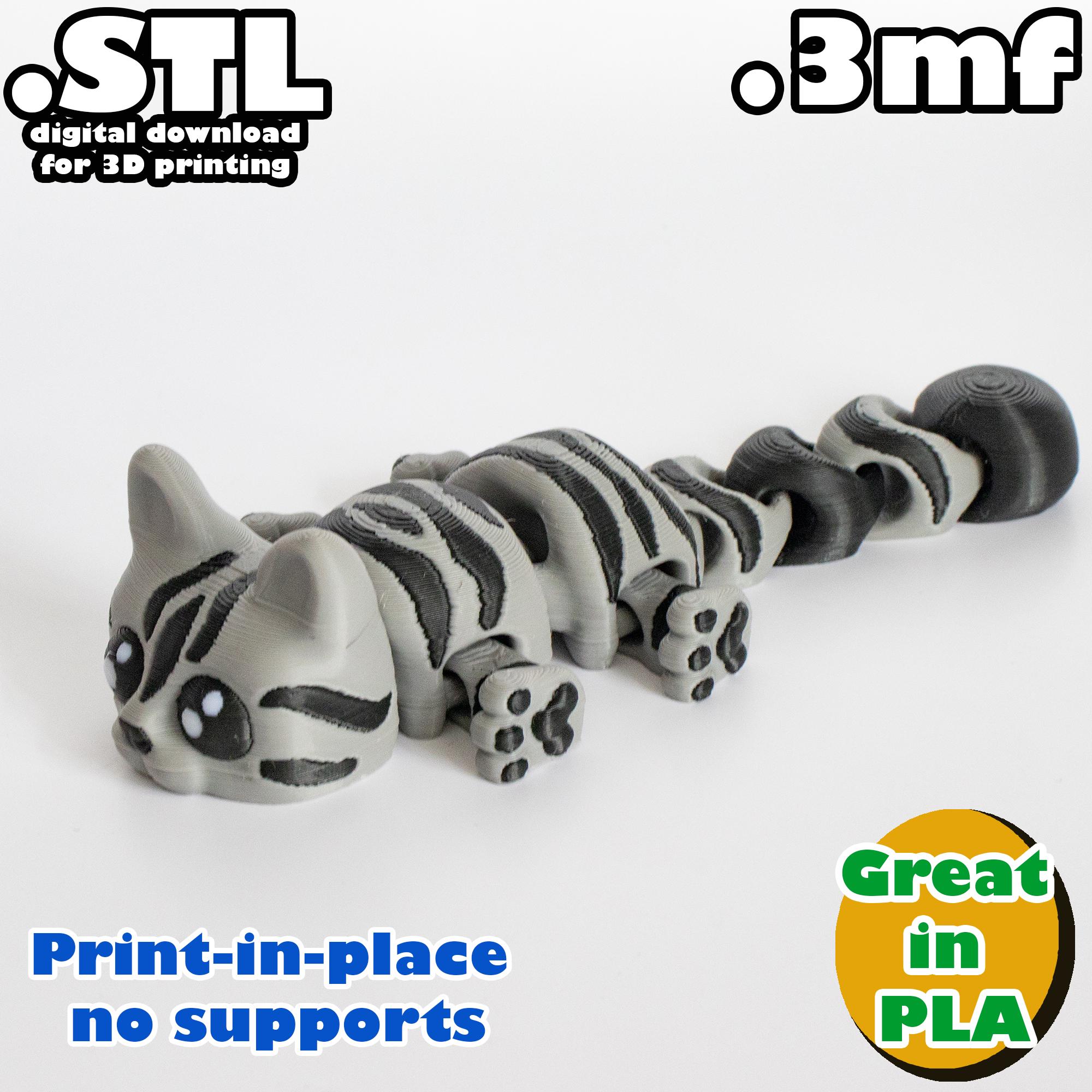 Flexi Cat STL, 3mf, print in place, no support, PLA, 3D Joy Store