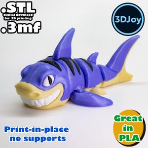 Flexi tiger shark STL, 3mf, print in place, no support, PLA, 3D Joy Store