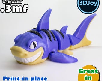 May include: A 3D printed purple and yellow shark with black stripes. The shark is printed in place and does not require supports. The text "STL digital download for 3D printing .3mf" is in the top left corner of the image. The text "3DJoy" is in the top right corner of the image. The text "Print-in-place no supports" is in the bottom left corner of the image. The text "Great in PLA" is in the bottom right corner of the image.