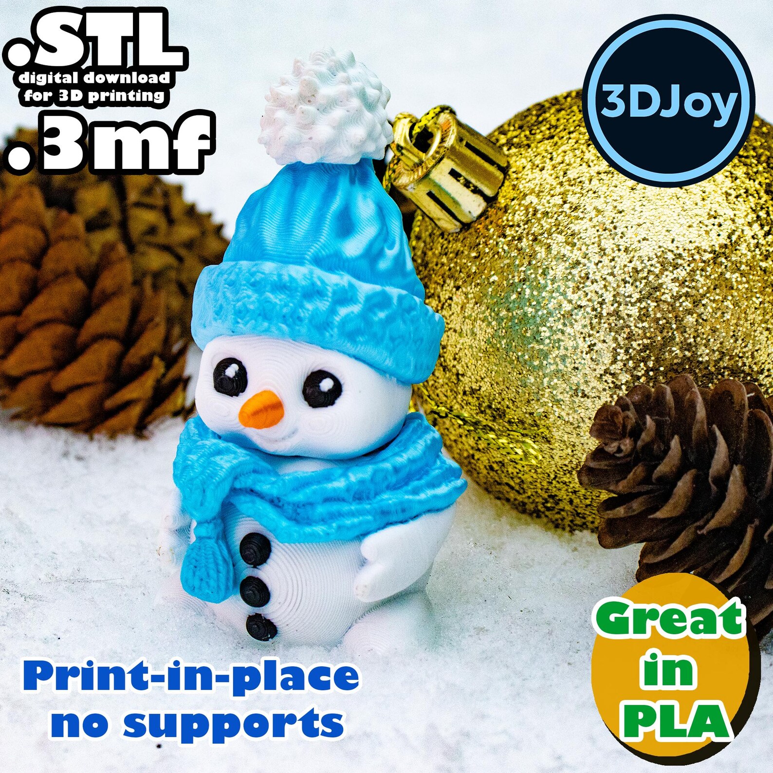 Flexi Snowman STL, 3mf, Print in Place, No Support, PLA, 3D Joy Store ...