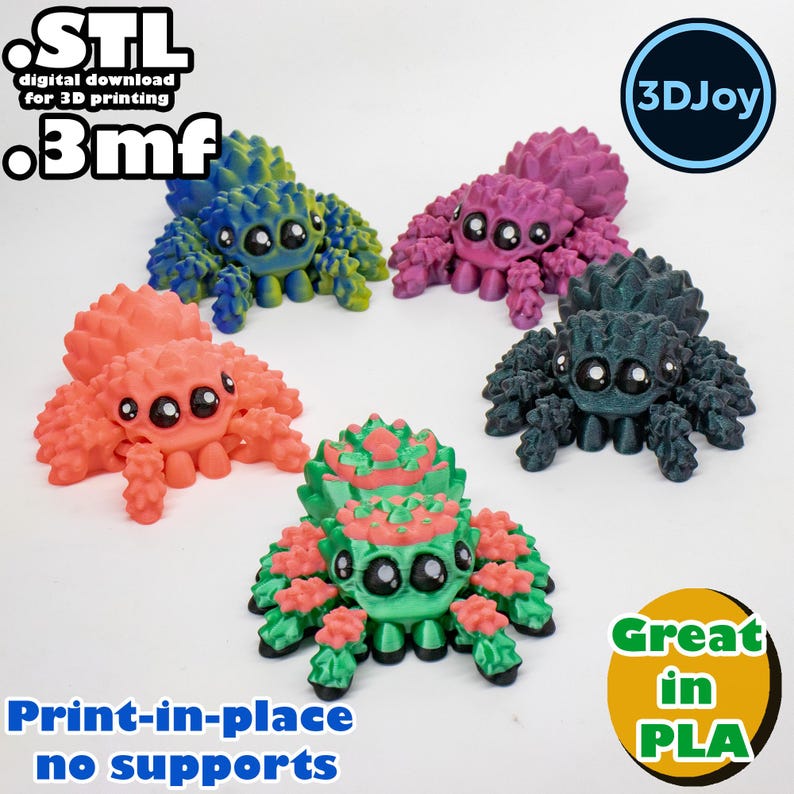 Peut inclure: Cinq mod&egrave;les d'araign&eacute;es imprim&eacute;s en 3D dans diff&eacute;rentes couleurs&nbsp;: bleu, rose, vert, noir et orange. Les araign&eacute;es ont de grands yeux et sont con&ccedil;ues pour &ecirc;tre imprim&eacute;es en place sans supports. Le texte &laquo;&nbsp;STL digital download for 3D printing .3mf&nbsp;&raquo; et &laquo;&nbsp;3DJoy&nbsp;&raquo; est visible sur l'image. Le texte &laquo;&nbsp;Print-in-place no supports&nbsp;&raquo; et &laquo;&nbsp;Great in PLA&nbsp;&raquo; est &eacute;galement visible sur l'image.