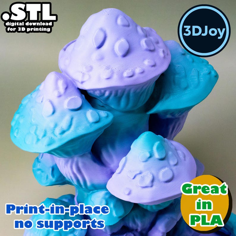 May include: A 3D-printed mushroom sculpture in shades of blue and purple. The design features multiple mushroom caps stacked together. Text on the image includes "STL digital download for 3D printing", "Print-in-place no supports", and "Great in PLA".