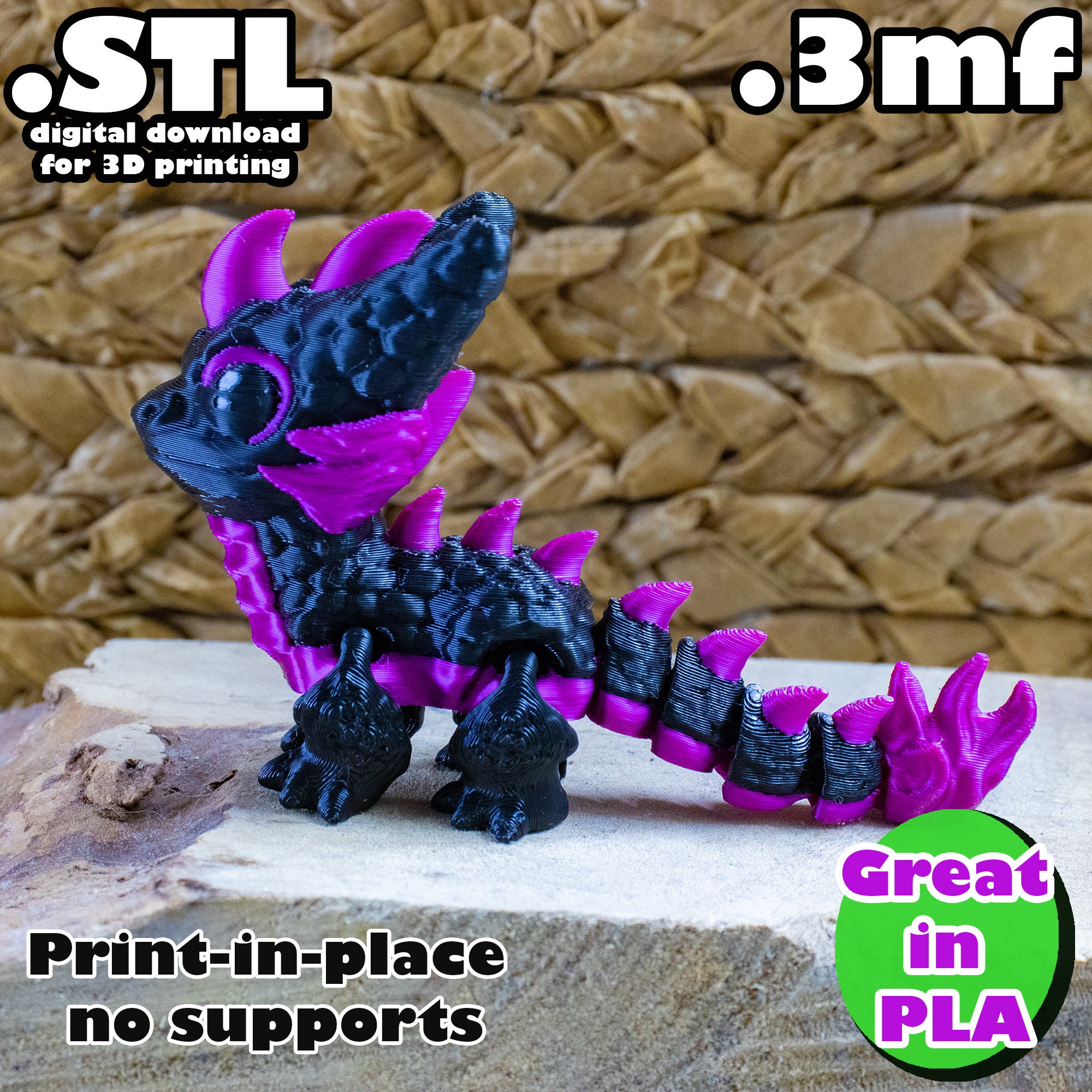 Flexi Dragon STL, 3mf, Print in Place, No Support, PLA, 3D Joy Store ...