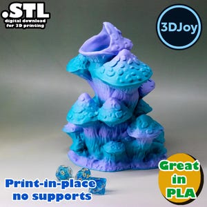 May include: A 3D-printed fantasy mushroom sculpture in shades of blue and purple. The sculpture has multiple mushroom caps and stems. The text "Print-in-place no supports" is visible. The image also includes the text "Great in PLA".