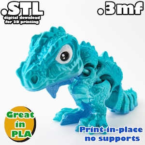 Puede incluir: Un juguete de dinosaurio impreso en 3D de color azul turquesa con un diseño de impresión en el lugar. El juguete está diseñado para imprimirse sin estructuras de soporte. La imagen incluye el texto "STL descarga digital para impresión 3D" y "Excelente en PLA".