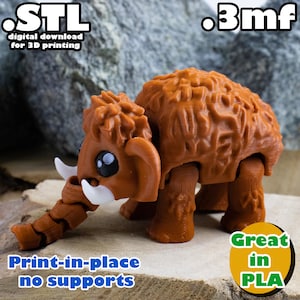May include: A 3D-printed brown toy mammoth with white tusks, black eyes, and a textured, furry appearance. The image includes text that reads ".STL digital download for 3D printing", ".3mf", "Print-in-place no supports", and "Great in PLA".