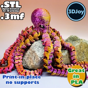 May include: A vibrant 3D-printed octopus in shades of purple and yellow, displayed on a rock. The image includes the text "Print-in-place no supports" and "Great in PLA". The logo for "3DJoy" is also visible. The octopus has a textured finish.